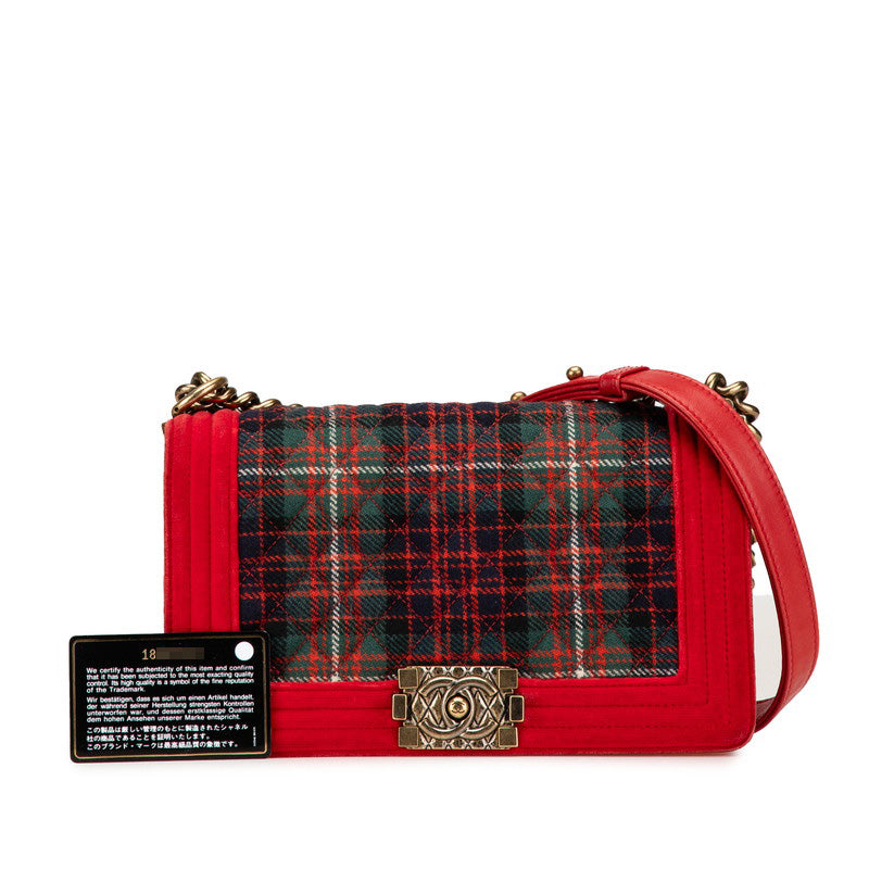 シャネル マトラッセ ボーイシャネル ココマーク チェーン ショルダーバッグ レッド グリーン ベロア レザー レディース CHANEL 【中古】