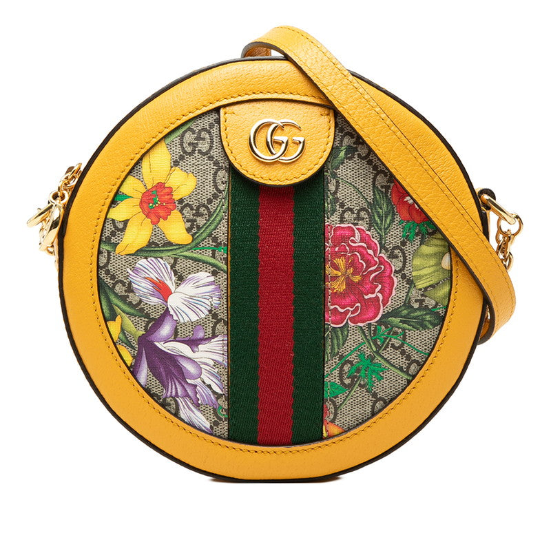 グッチ GGスプリーム フローラ 斜め掛け チェーン ショルダーバッグ 550618 ベージュ イエロー PVC レザー レディース GUCCI 中古