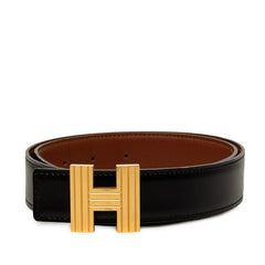 エルメス Hバックル リバーシブル ベルト サイズ70 刻印□D ブラック ゴールド レザー レディース HERMES 中古
