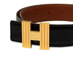 エルメス Hバックル リバーシブル ベルト サイズ70 刻印□D ブラック ゴールド レザー レディース HERMES 中古