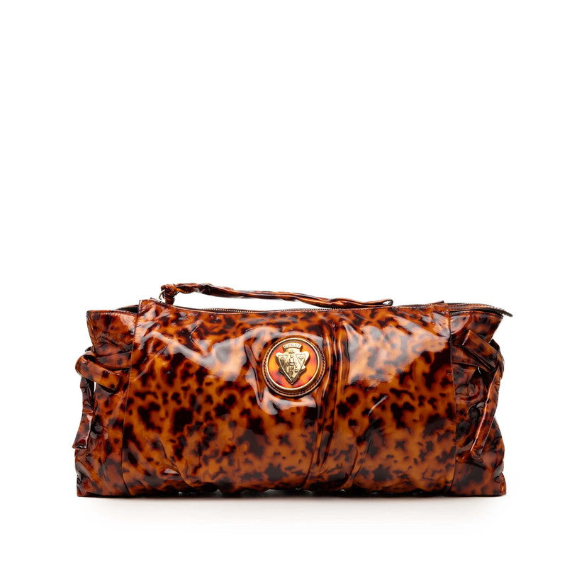 グッチ ヒステリア クレストロゴ アニマル柄 レオパード クラッチバッグ 197015 ブラウン エナメル レディース GUCCI 【中古】
