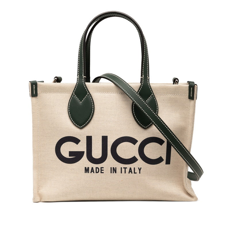 グッチ ロゴプリント ミニトートバッグ ショルダーバッグ 2WAY 772144 ベージュ グリーン キャンバス レザー レディース GUCCI 中古