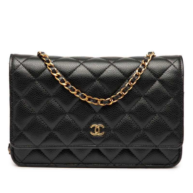 シャネル マトラッセ ココマーク チェーンウォレット ショルダーバッグ ブラック キャビアスキン レディース CHANEL 【中古】