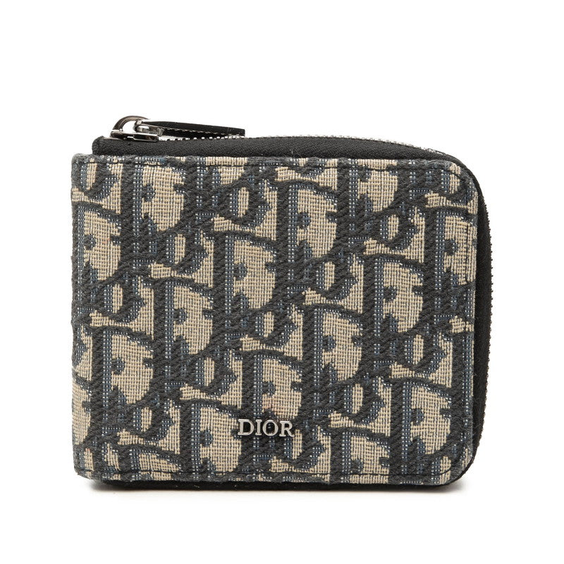 ディオール オブリーク ラウンドジップ ウォレット 二つ折り財布 ベージュ ネイビー キャンバス レディース Dior 中古