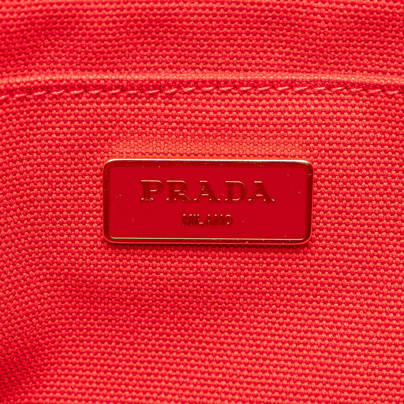 プラダ 三角ロゴプレート カナパM ビジュー ハンドバッグ ショルダーバッグ 2WAY レッド キャンバス レディース PRADA 【中古】