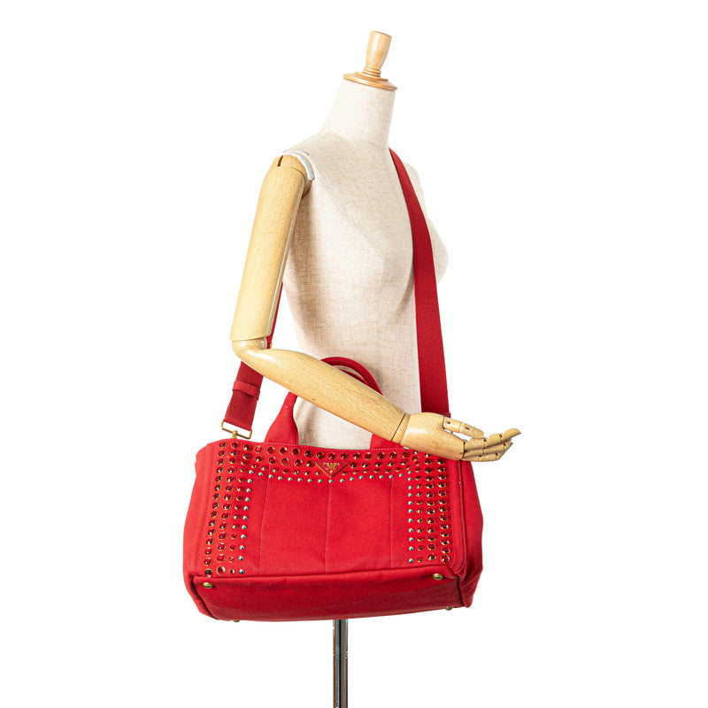 プラダ 三角ロゴプレート カナパM ビジュー ハンドバッグ ショルダーバッグ 2WAY レッド キャンバス レディース PRADA 【中古】