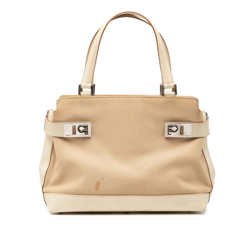 サルヴァトーレフェラガモ ガンチーニ ハンドバッグ AQ-21 0198 ベージュ クリーム キャンバス レザー レディース Salvatore Ferragamo 【中古】