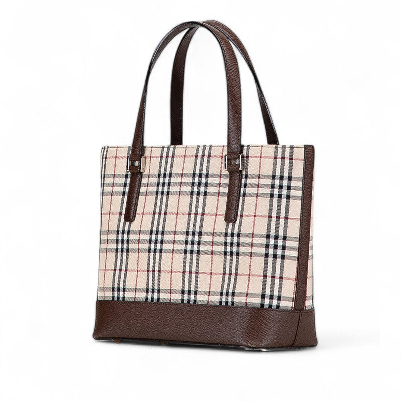 バーバリー ノバチェック トートバッグ ベージュ ブラウン キャンバス レザー レディース BURBERRY 【中古】