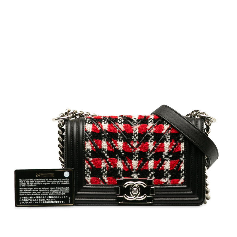 シャネル ボーイシャネル スモール チェーン ショルダーバッグ ブラック レッド ツイード レザー レディース CHANEL 【中古】