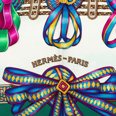 エルメス カレ90 LES RUBANS DU CHEVAL 馬のリボン飾り スカーフ グリーン アイボリー シルク レディース HERMES 【中古】