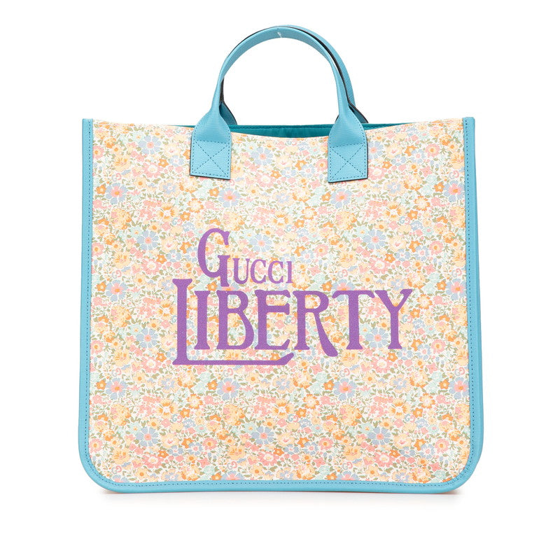 グッチ × LIBERTY リバティ チルドレンズ フラワー 花 トートバッグ ハンドバッグ 550763 ライトブルー オレンジ マルチカラー キャンバス レザー レディース GUCCI 【中古】